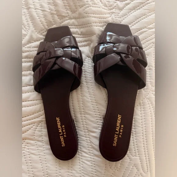 Saint Laurent Tribute Patent Woven Slide Sandal in Deep Burgundy 39.5 - Picture 2 of 8